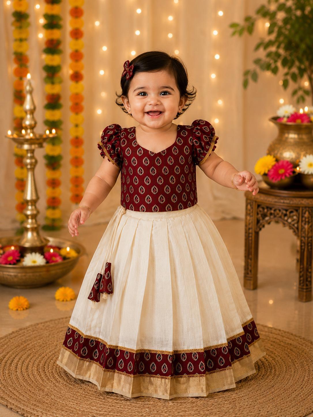 Kerala Kasavu Maroon Pattu Pavadai Lehenga Choli Set for Girls_Pre order -Delivery from 2nd week of July